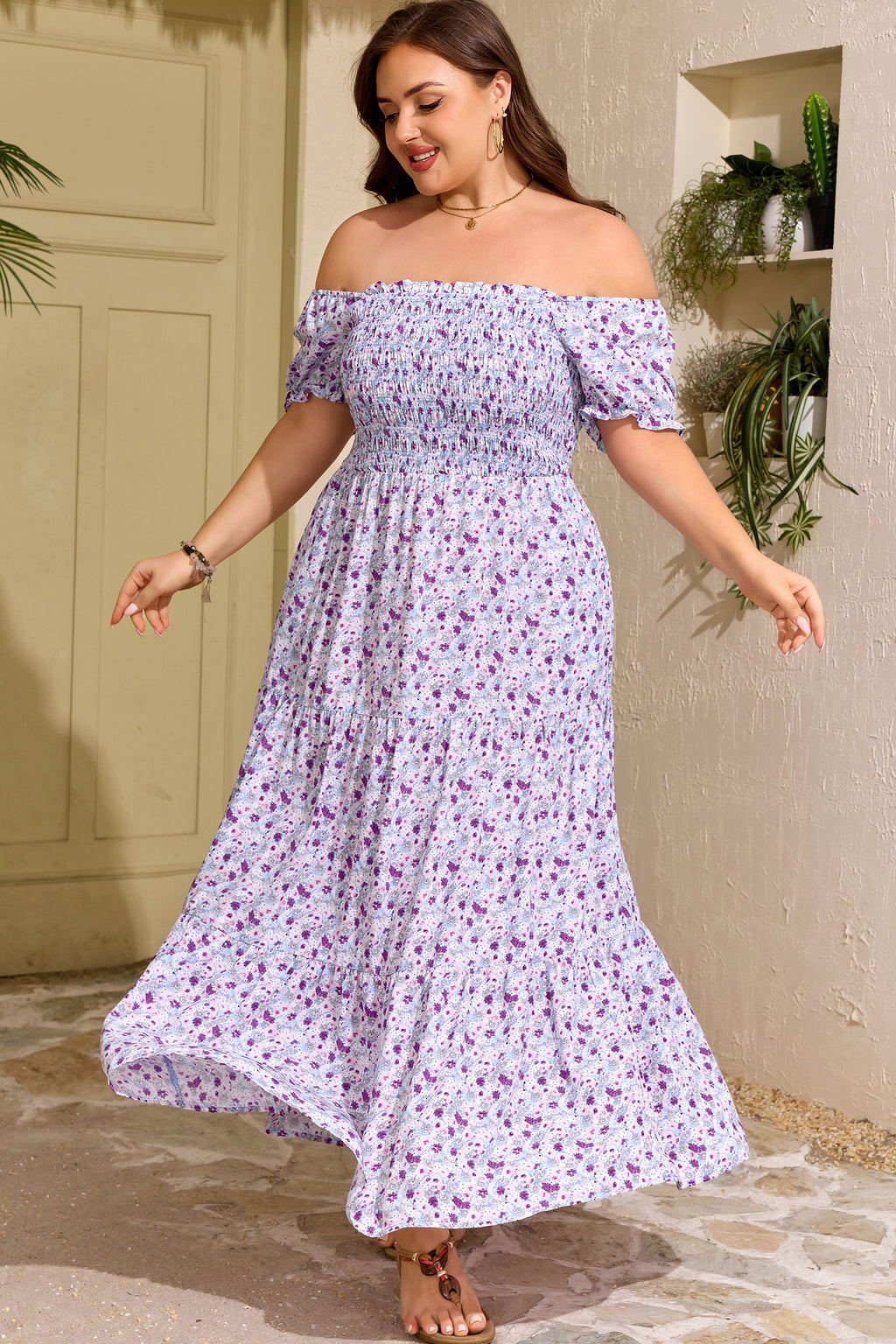 Plus Size Purple Floral Smocked Maxi Dress – Square Neck Puff Sleeve Dress Dear-Lover Dropshipping Plus Size/Plus Size Dresses/Plus Size Maxi Dresses