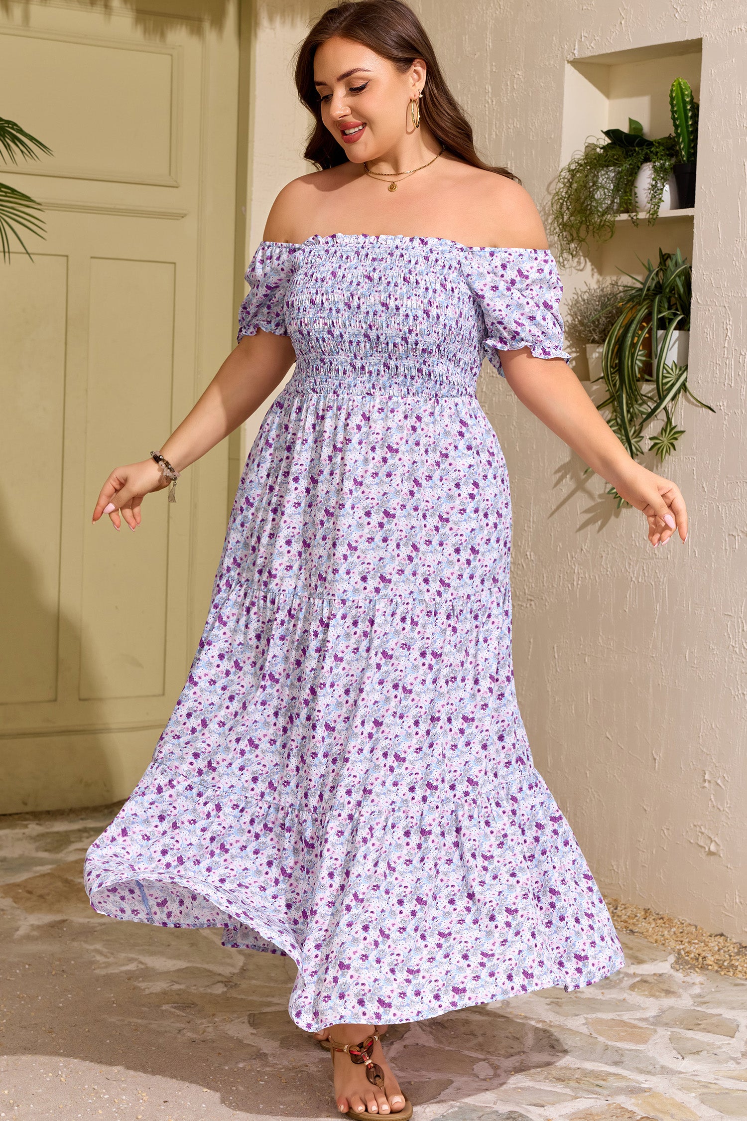 Plus Size Purple Floral Smocked Maxi Dress – Square Neck Puff Sleeve Dress Dear-Lover Dropshipping Plus Size/Plus Size Dresses/Plus Size Maxi Dresses
