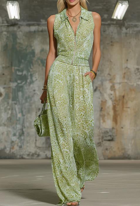Cool Printed Zip-Up Sleeveless Top & Matching Wide Leg Pants Set Light Green CJ Dropshipping Solid Color Jumpsuit