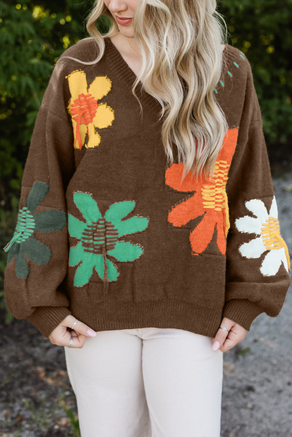Coffee Big Flower V Neck Drop Shoulder Distressed Sweater