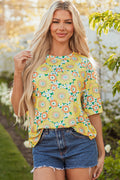 Yellow Summer Flower Printed Drop Shoulder Loose T Shirt Yellow 95%Polyester+5%Elastane Dear-Lover Dropshipping Tops/Tops & Tees