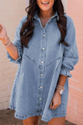Sky Blue Buttoned Long Sleeve Denim Mini Dress Sky Blue 90%Cotton+10%Polyester Bazarre Mart Dresses/Mini Dresses