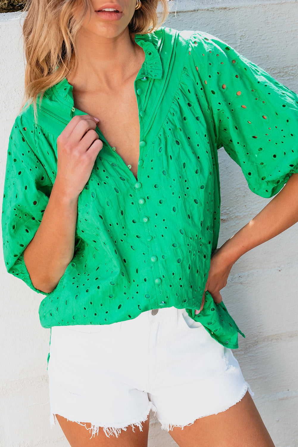 Green Hollow-out Puff Sleeve Blouse