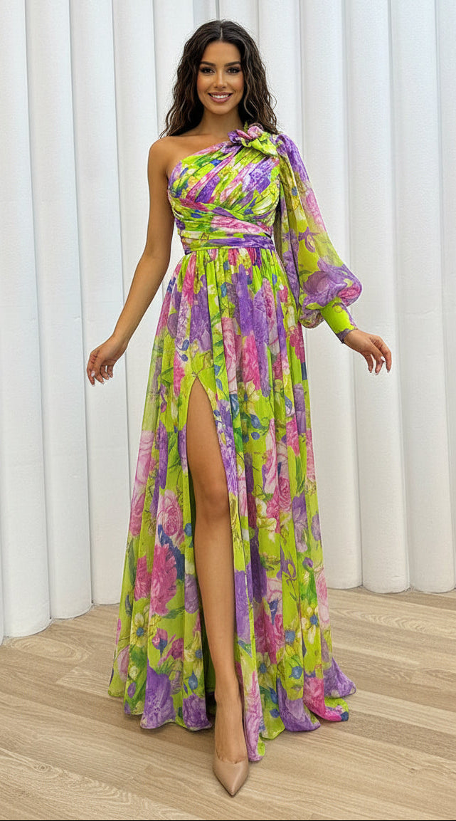 One-shoulder Long-sleeved Maxi Dress Yellow CJ Dropshipping Single Long Sleeve Wrap Around Maxi Dres