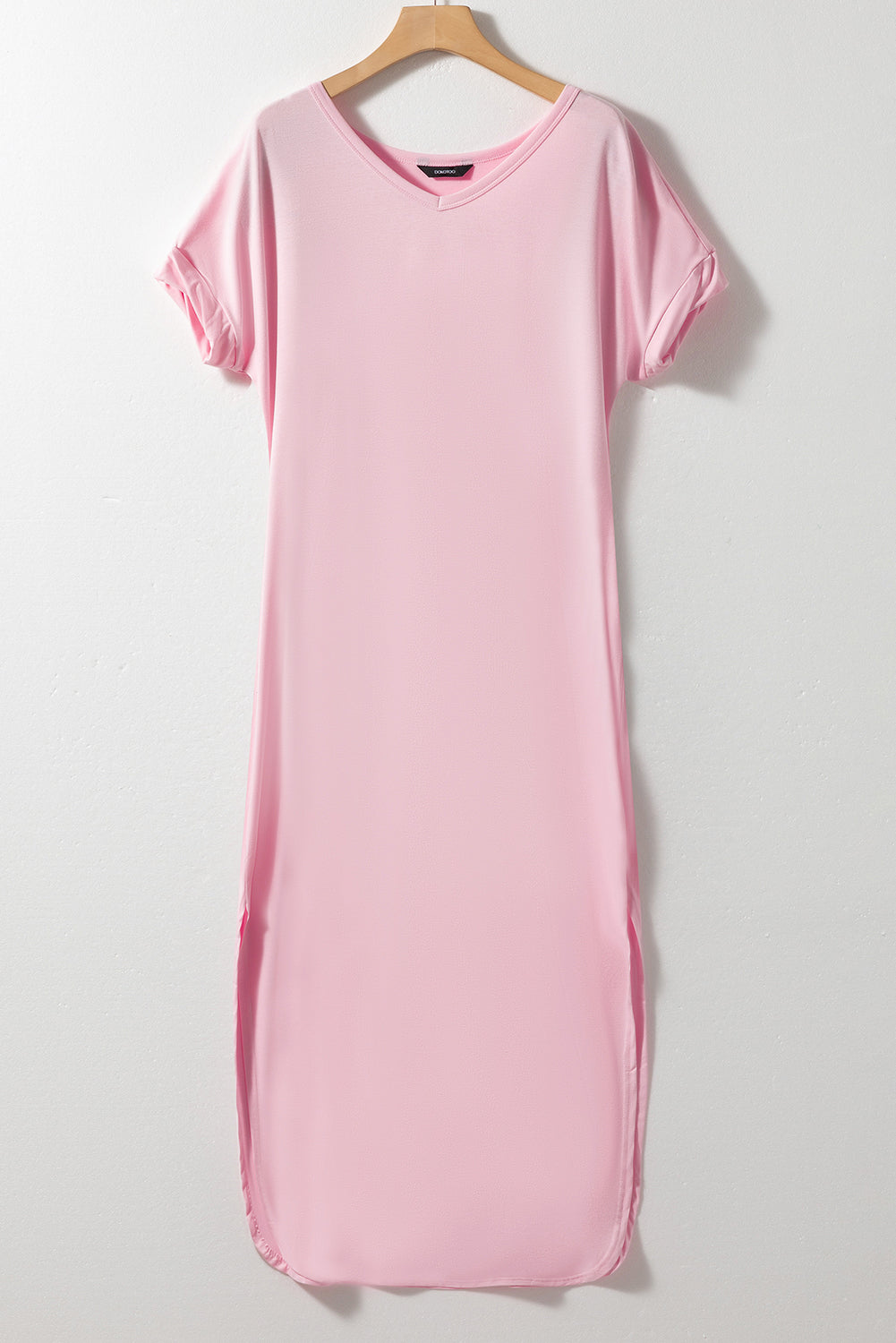 Pink V Neck Hidden Pockets Maxi T-shirt Dress