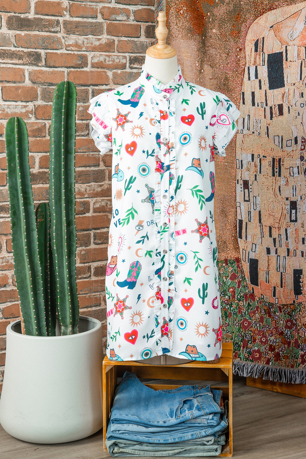 Western Print Flutter Sleeve Mini Dress – Button Down Boho Cowgirl Dress Dear-Lover Dropshipping Dresses/Mini Dresses