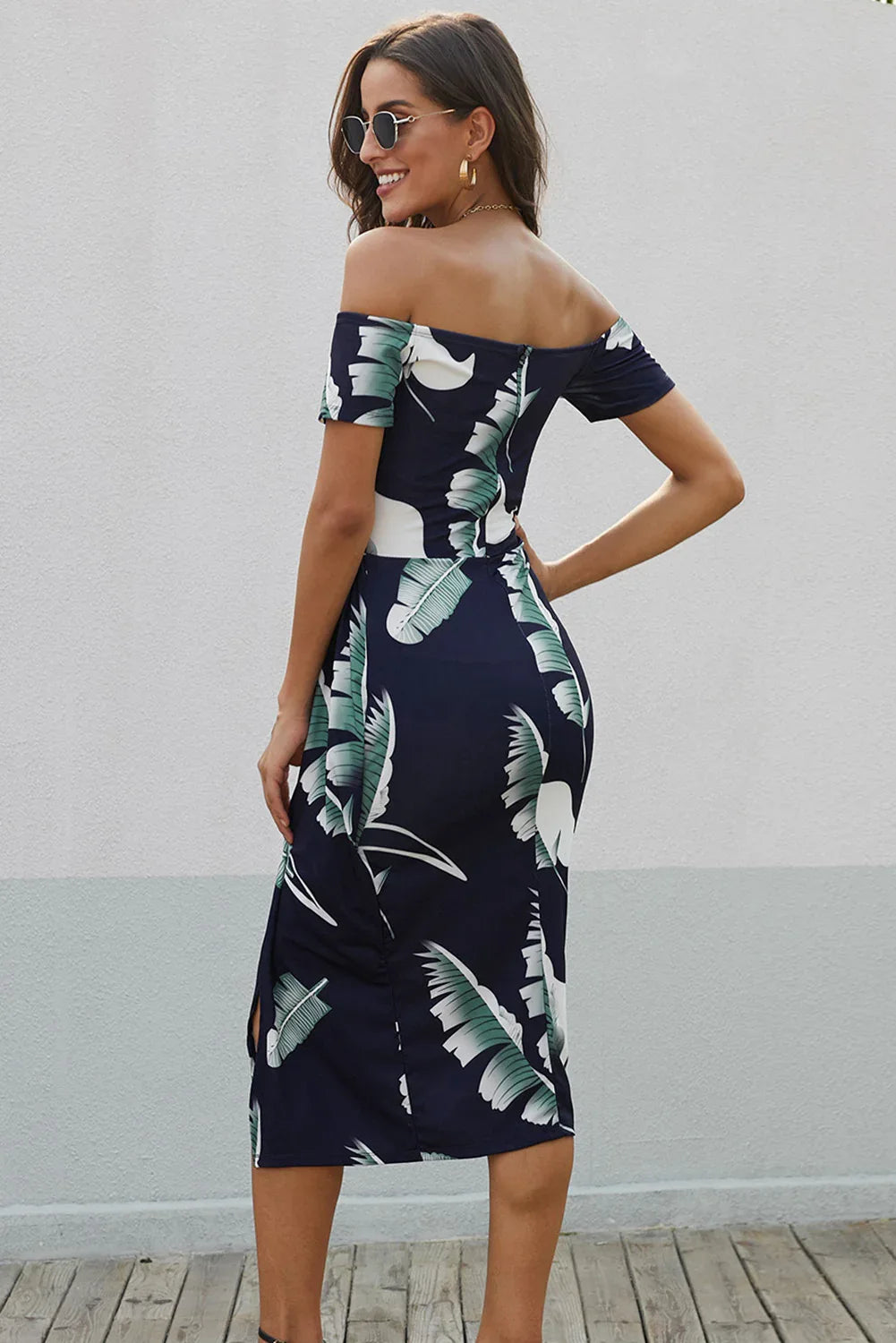 Printed Off-Shoulder Split Dress Trendsi Off-Shoulder Split Dress
