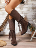PU Suede Fringe Point Toe Block Heels Boots Brown Bazaare Mart Fringe Boots