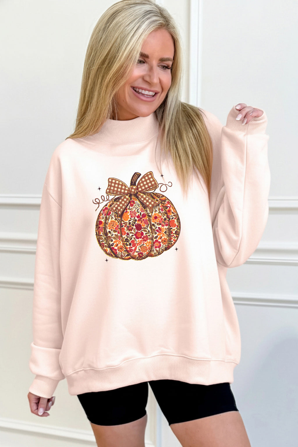 Floral Pumpkin Graphic Mock Neck Oversized Sweatshirt