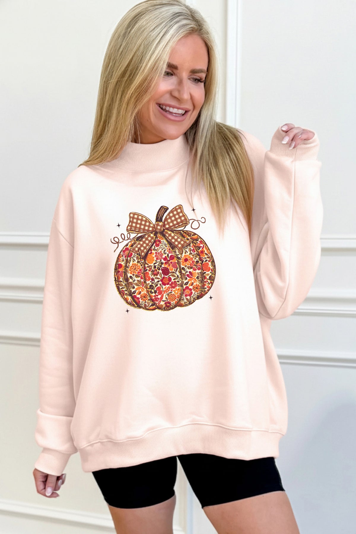 Floral Pumpkin Graphic Mock Neck Oversized Sweatshirt