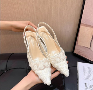Women's French Style Lace Flower Closed Toe Sandals 2025 Summer New Pointed Toe Backless Slim High Heel Mule Sandals Beige CJ Dropshipping Lace Flower Pointed Toe Sling Heels