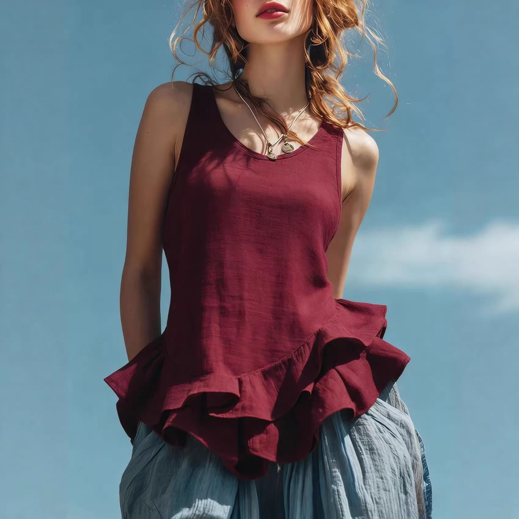 Women’s Sleeveless Ruffle Hem Top – Casual Fashion Tank Blouse CJ Dropshipping Sleeveless Ruffled Top