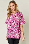 Double Take Full Size Printed V-Neck Short Sleeve Blouse Pink Bazarre Mart Printed V-Neck Short Sleeve Blouse