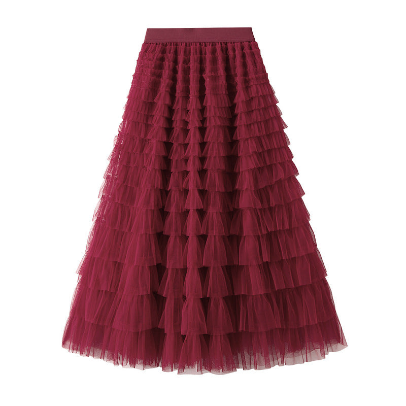 Mesh Ruffle Midi Skirt