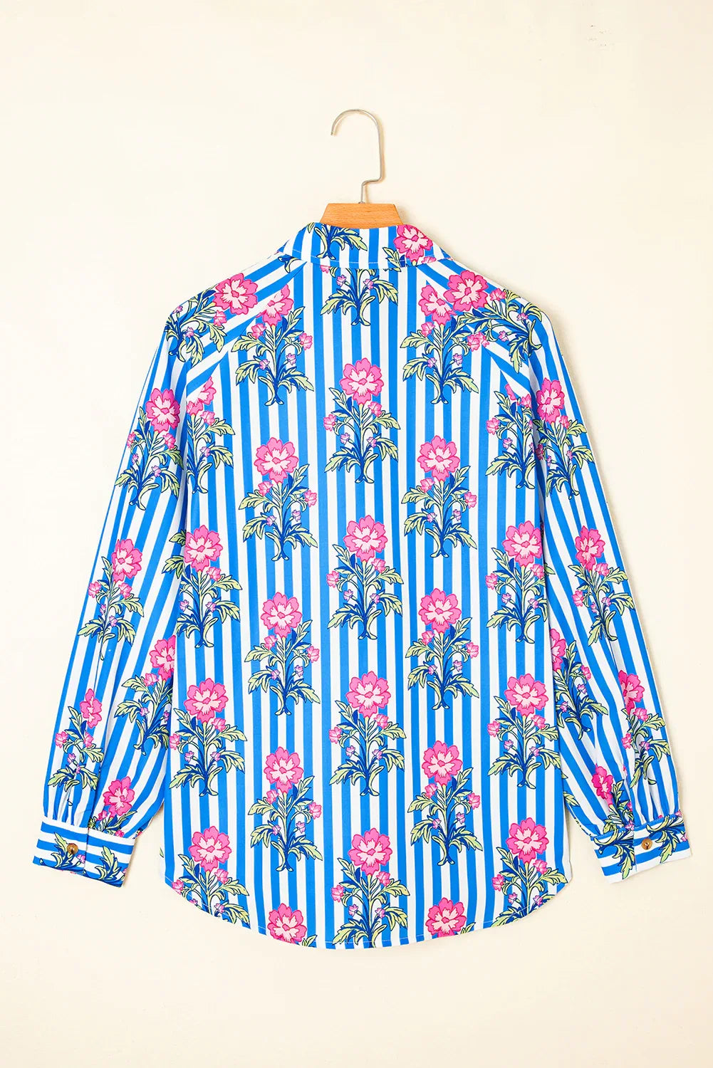 Blue Striped Floral Print Buttoned Cuffs Loose Fit Shirt Bazaare Mart Tops/Blouses & Shirts