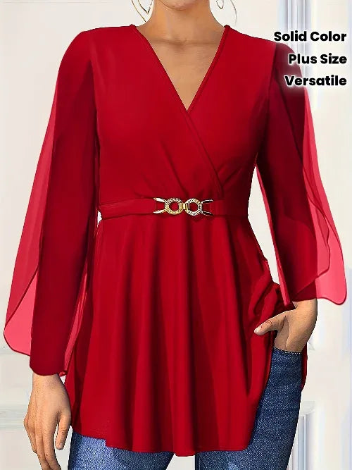 Chiffon V-Neck Peplum Blouse Bazaare Mart Plus Size/Plus Size Tops/Plus Size Blouses & Shirts