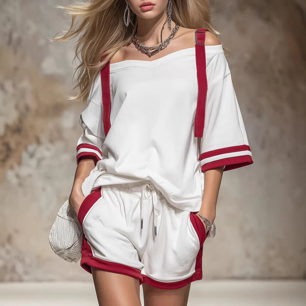 Women’s Summer Red Striped Shorts Set (Off-Shoulder) CJ Dropshipping Color Block Shorts Set