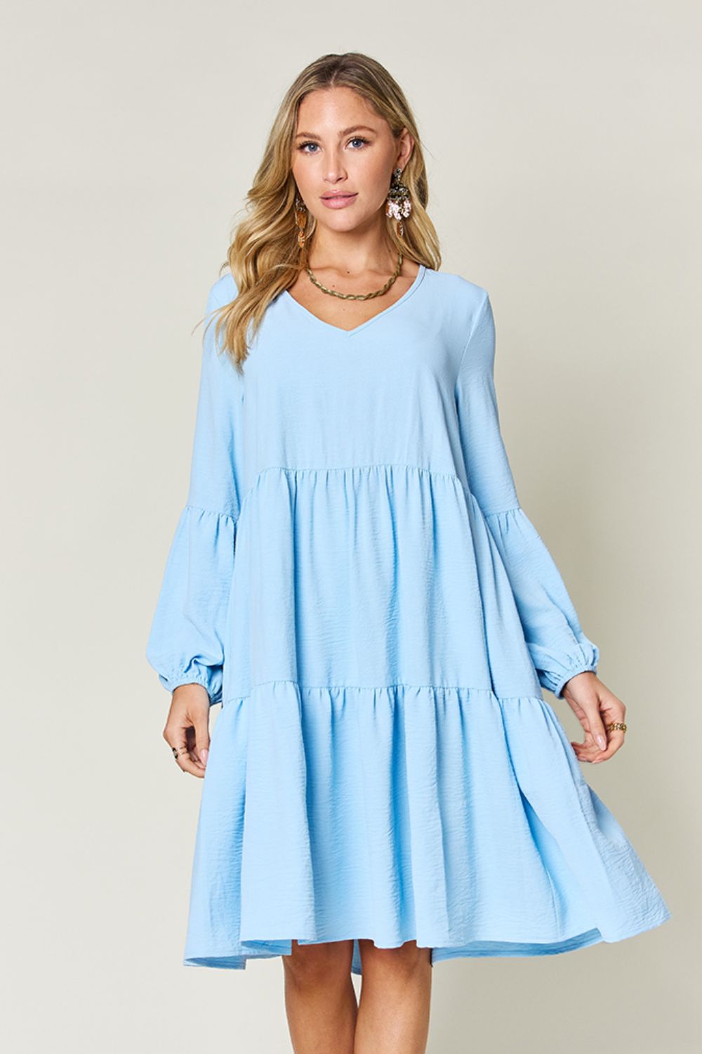 Blue V-Neck Balloon Sleeve Tiered Dress with Pockets