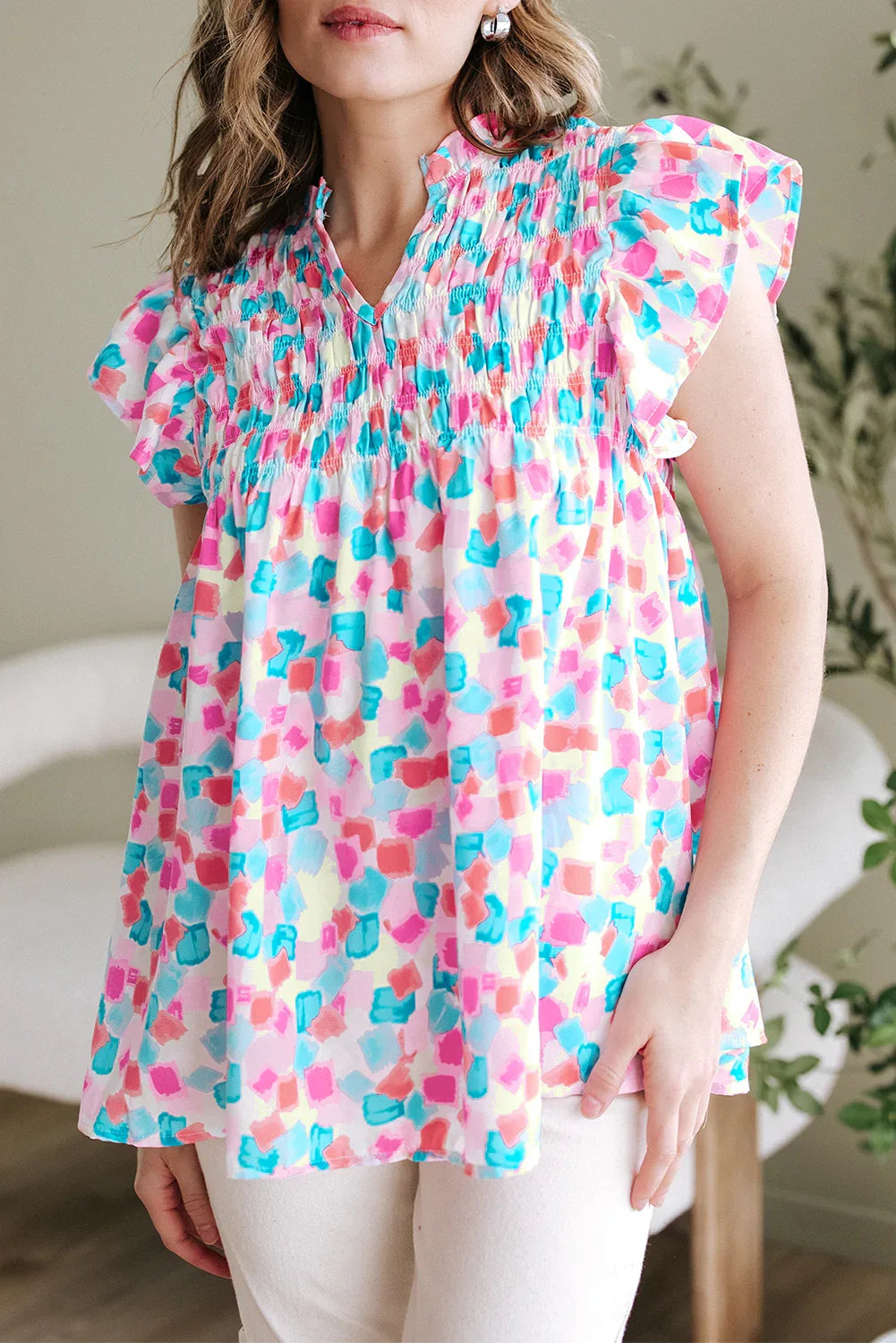 Shirred Yoke Ruffled Confetti Top Bazaare Mart Tops/Blouses & Shirts