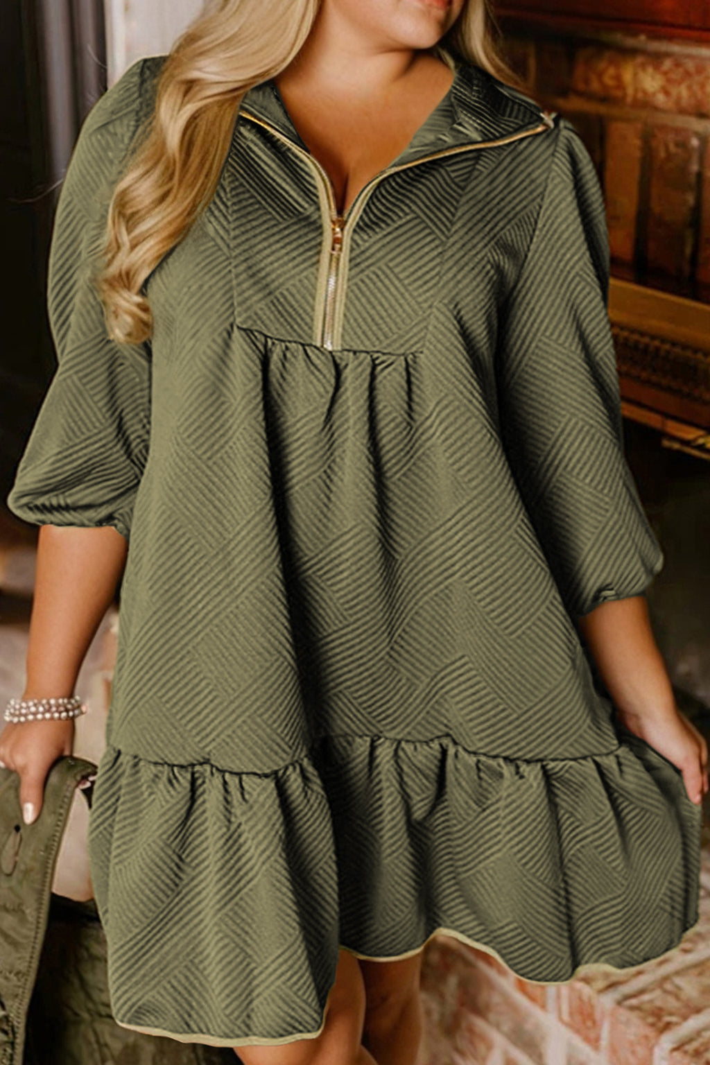 Sage Green Textured Mini Dress – Quarter-Zip Ruffle Hem
