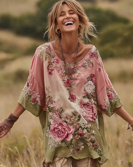 3D Boho Floral Round Neck Long Sleeve Top