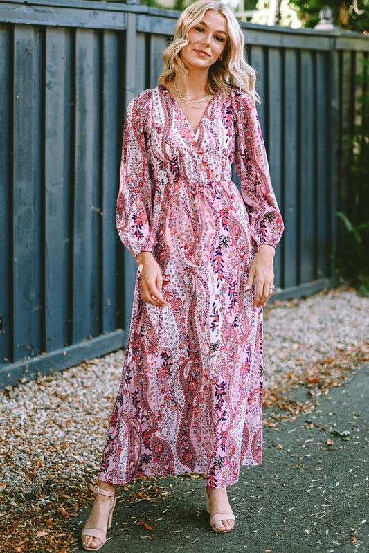 Pink Paisley Long Sleeve Maxi Dress