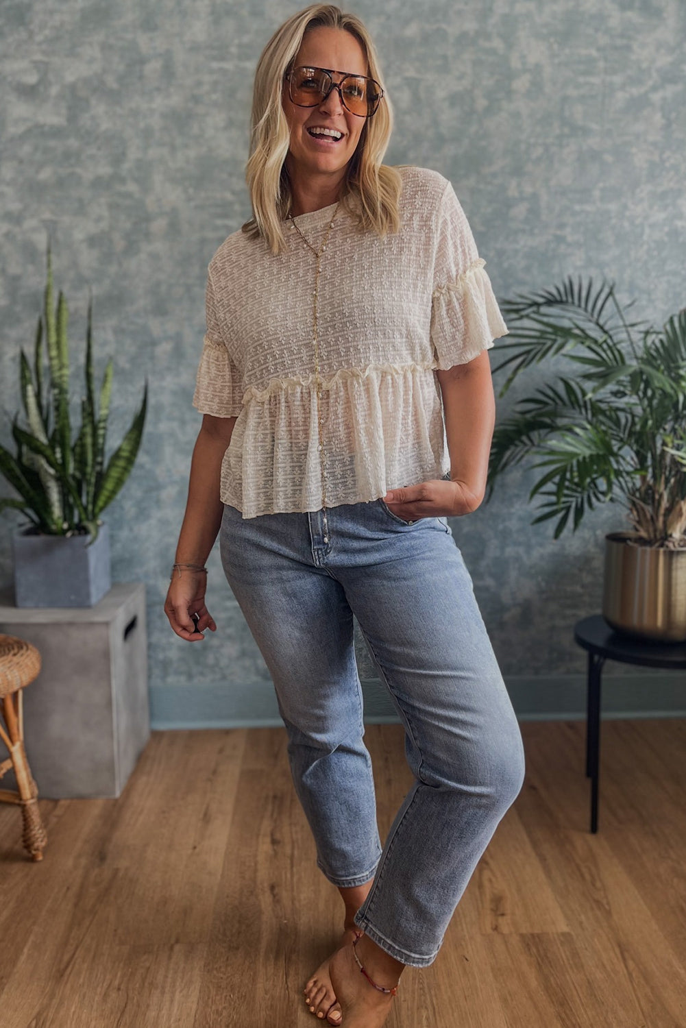 Lacy Beige Textured Ruffled Half Sleeve Blouse