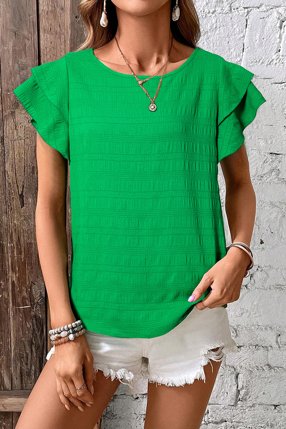 Green Textured Ruffled Sleeve Round Neck Top