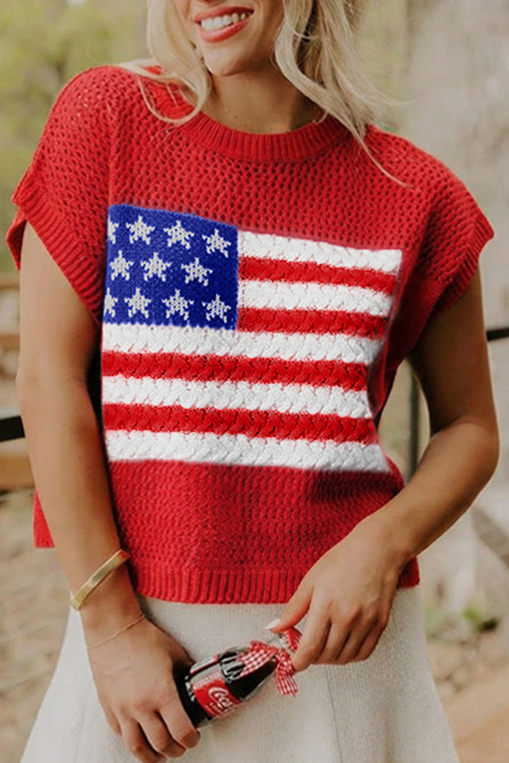 Fiery Red Flag Graphic Short Sleeve Sweater Top Fiery Red 100%Acrylic Dear-Lover Dropshipping Sweaters & Cardigans/Short Sleeve Sweaters