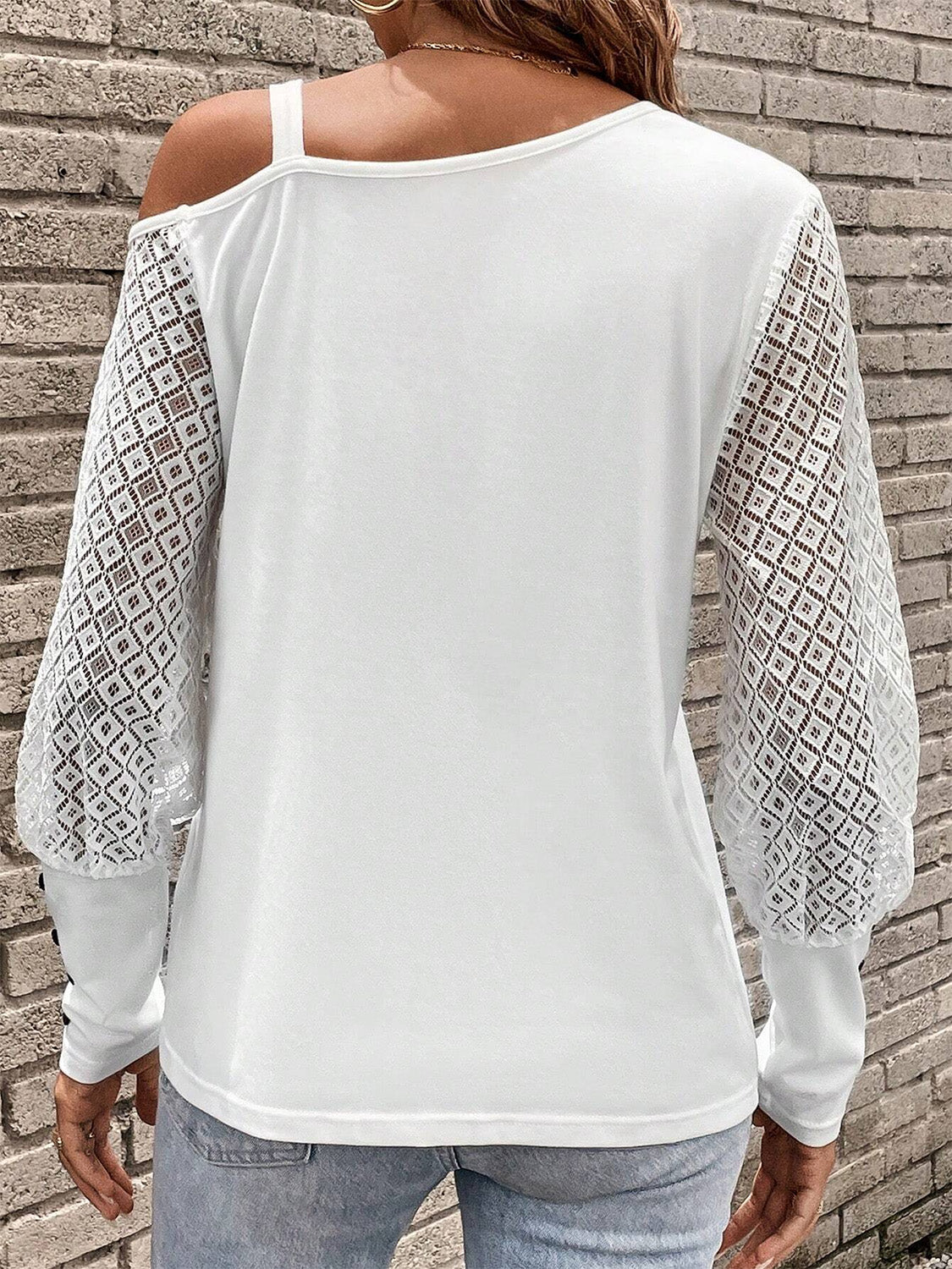 Back of White Asymmetrical Neck Lace Long Sleeve T-Shirt