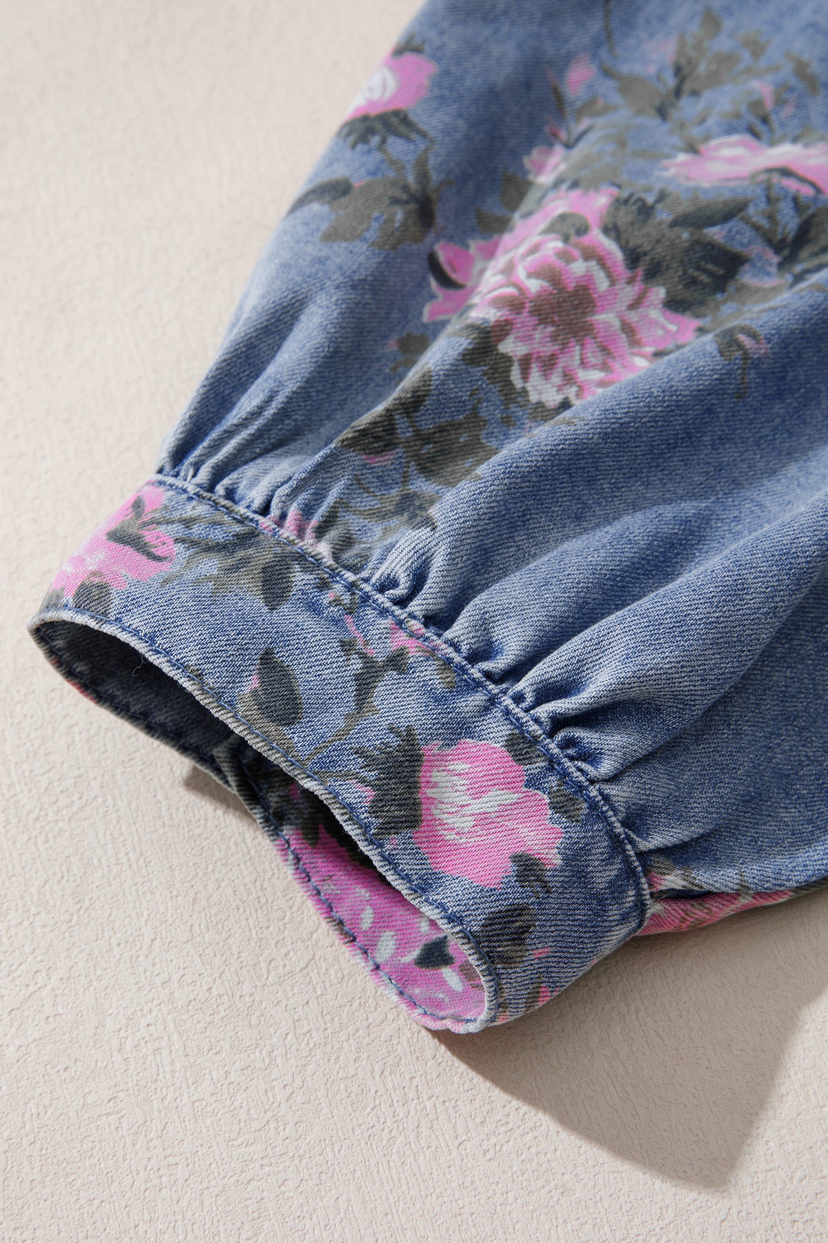 Blue Floral Denim Shirt – Bracelet Sleeve Lightweight Button Up Blouse