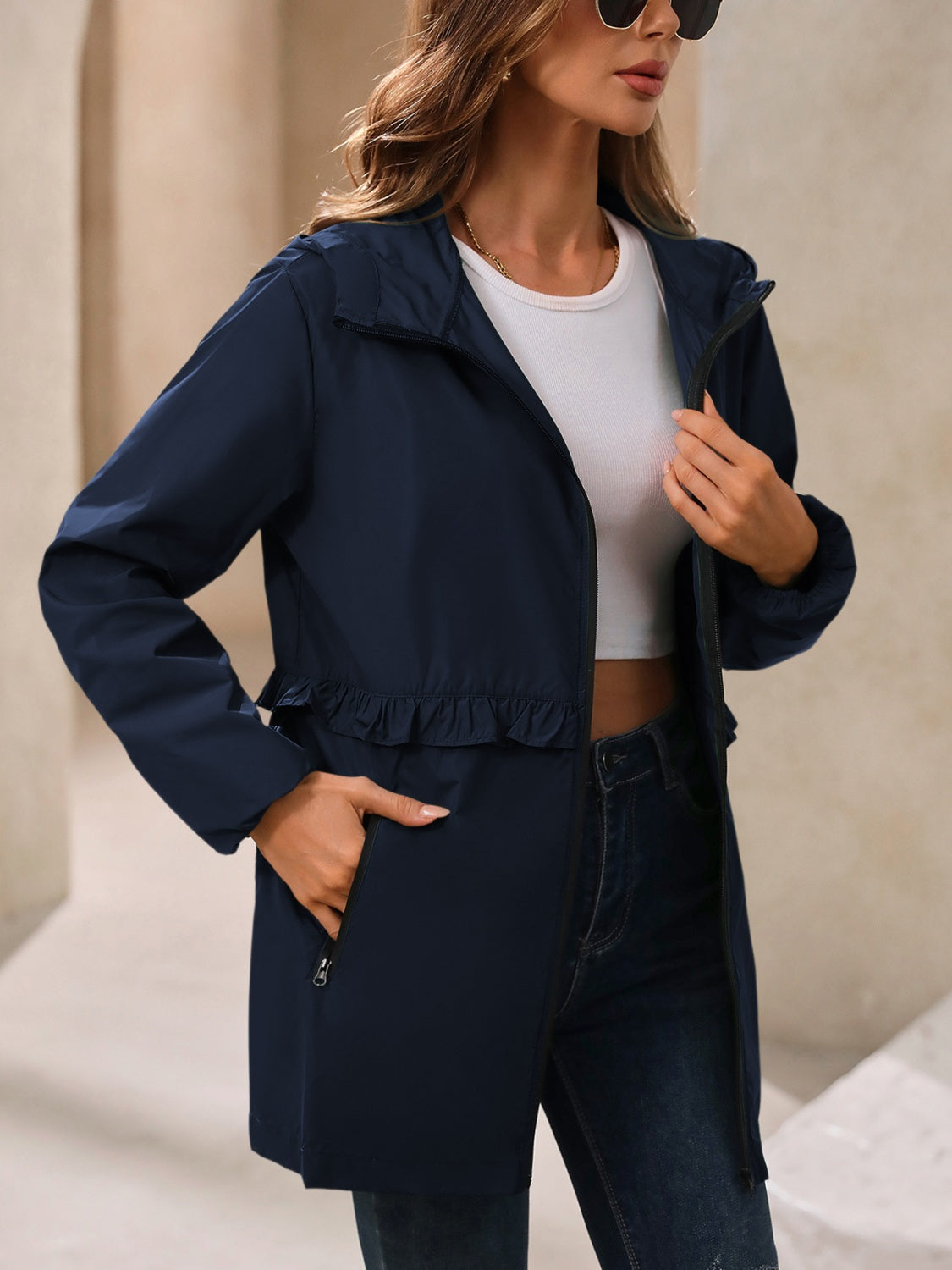 Waterproof Gathered Waist Hooded Jacket