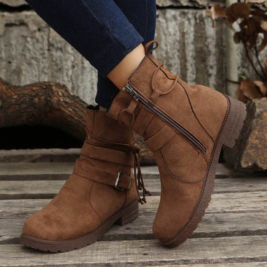 Brown Suede Side Zip Round Toe Boots