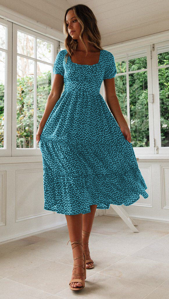 Short Puff Sleeve Floral Tiered Dress Blue CJ Dropshipping Ditsy Tiered Peasant Dress