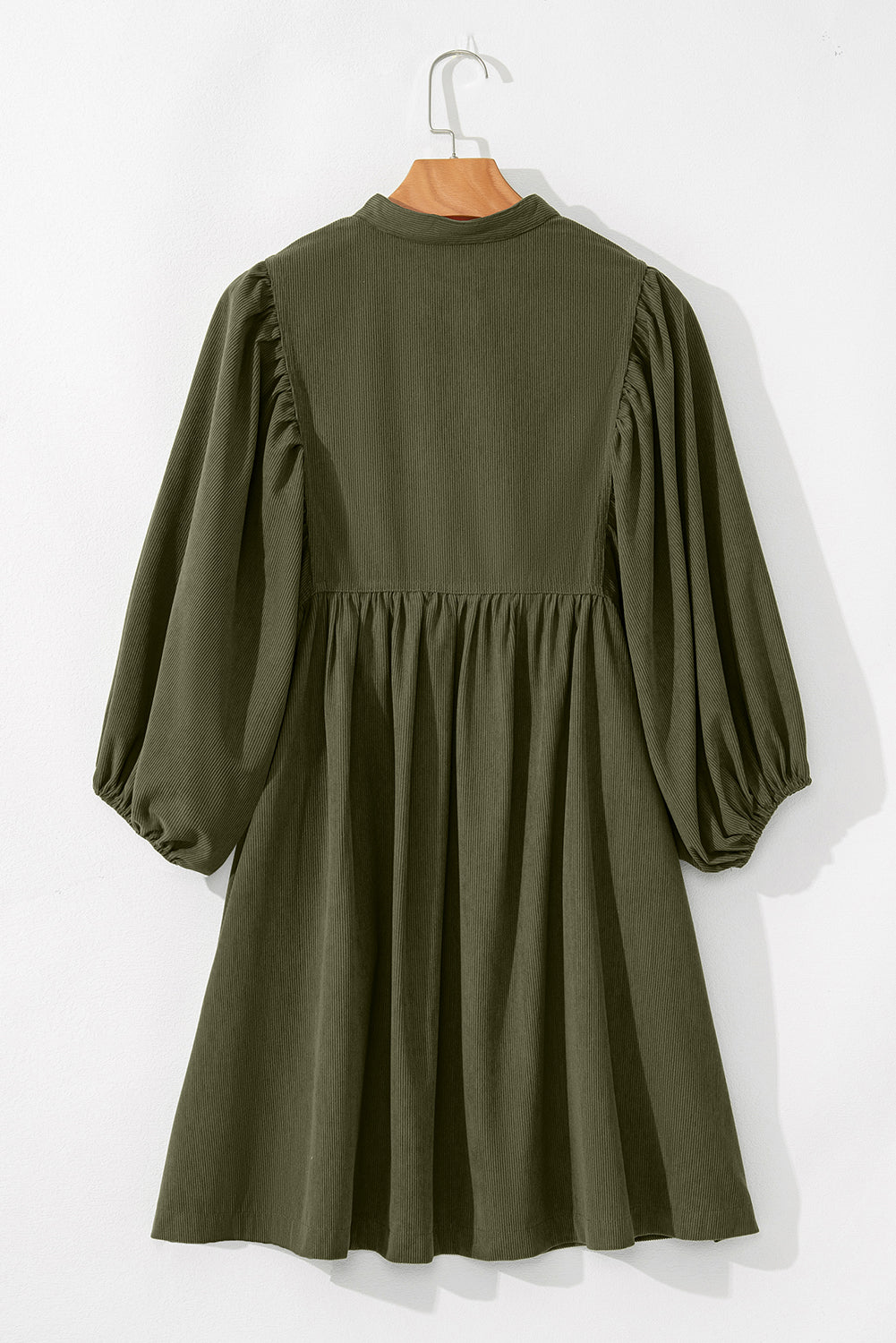 Army Green Corduroy 1/4 Snap Empire Waist Bracelet Sleeve Dress