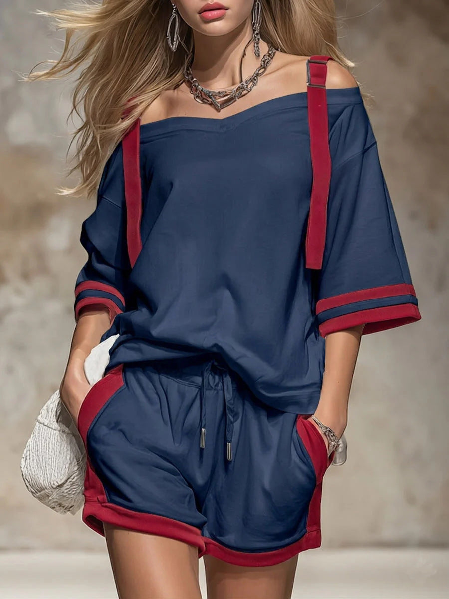 Women’s Summer Red Striped Shorts Set (Off-Shoulder) Navy Blue CJ Dropshipping Color Block Shorts Set