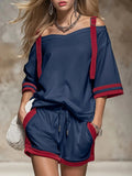 Women’s Summer Red Striped Shorts Set (Off-Shoulder) Navy Blue CJ Dropshipping Color Block Shorts Set