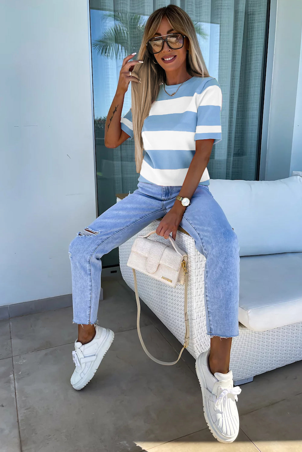 Striped Knitted T shirt Shewin Short Sleeve Sweaters