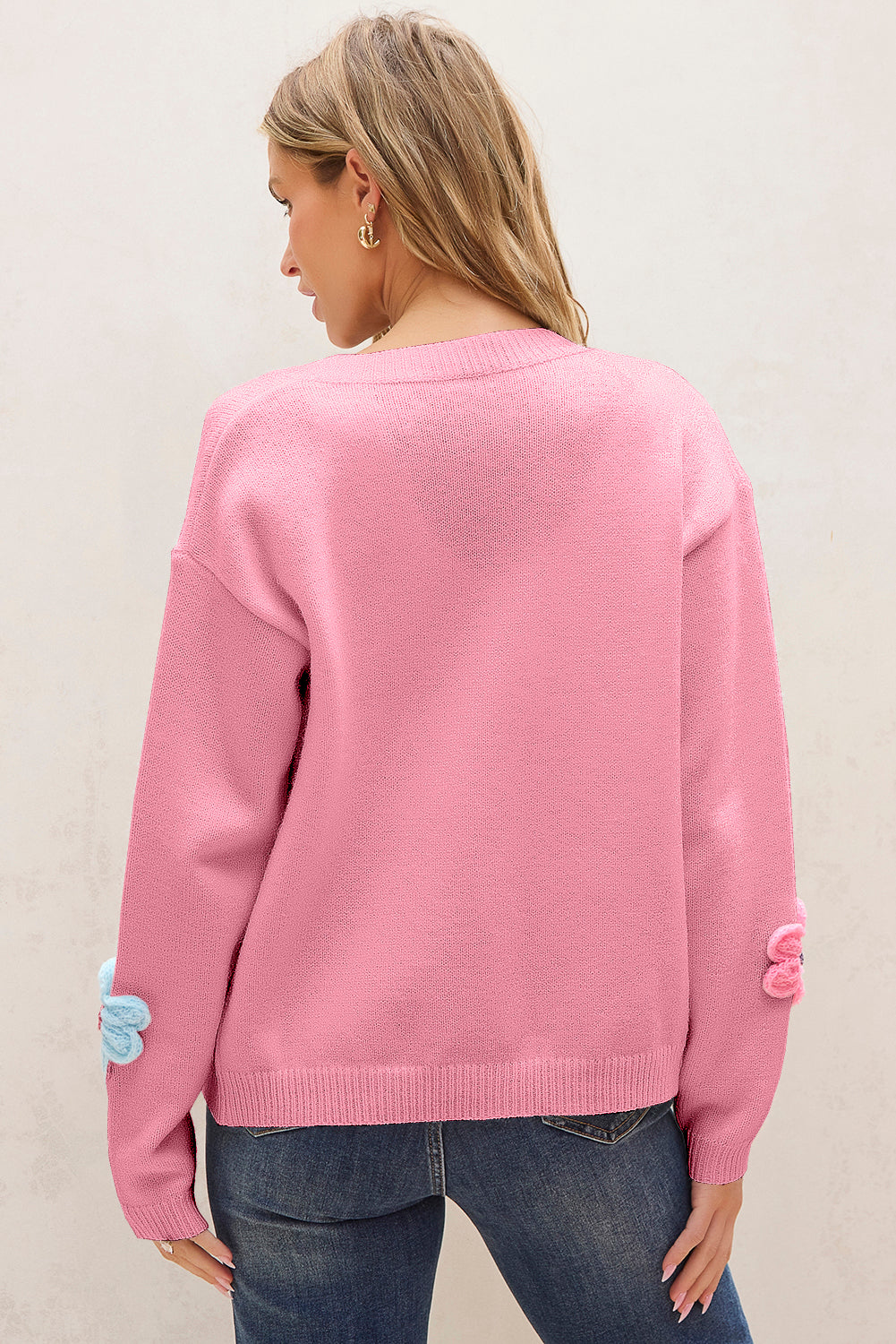 Pink Knit Floral Button Up Cardigan