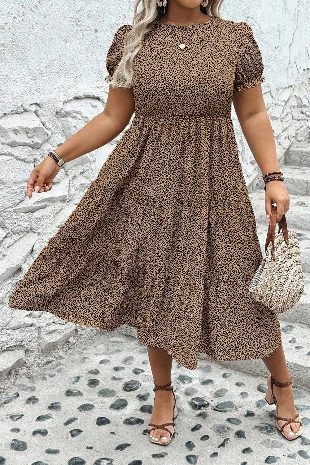 Leopard Print Frill Trim Short Sleeve Flared Dress Bazaare Mart Plus Size/Plus Size Dresses/Plus Size Midi Dresses