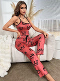 Women’s Crown Print Pajama Set – Milk Silk Cami & Pants Two-Piece Sleepwear Red CJ Dropshipping Grey Spaghetti Strap PJs