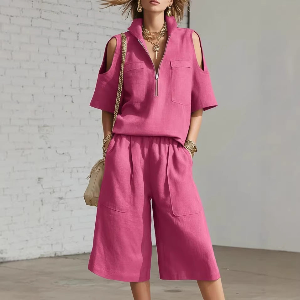 Women’s Cold Shoulder Half-Zip Top & Loose Gaucho Pants Set – Casual 2-Piece Outfit Plus Size CJ Dropshipping 2pc Cold Shoulder Camp Shirt and Gaucho