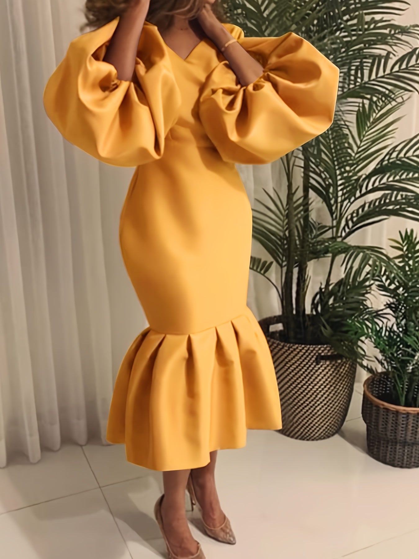 Cowl Neck Balloon Sleeve Mermaid Dress