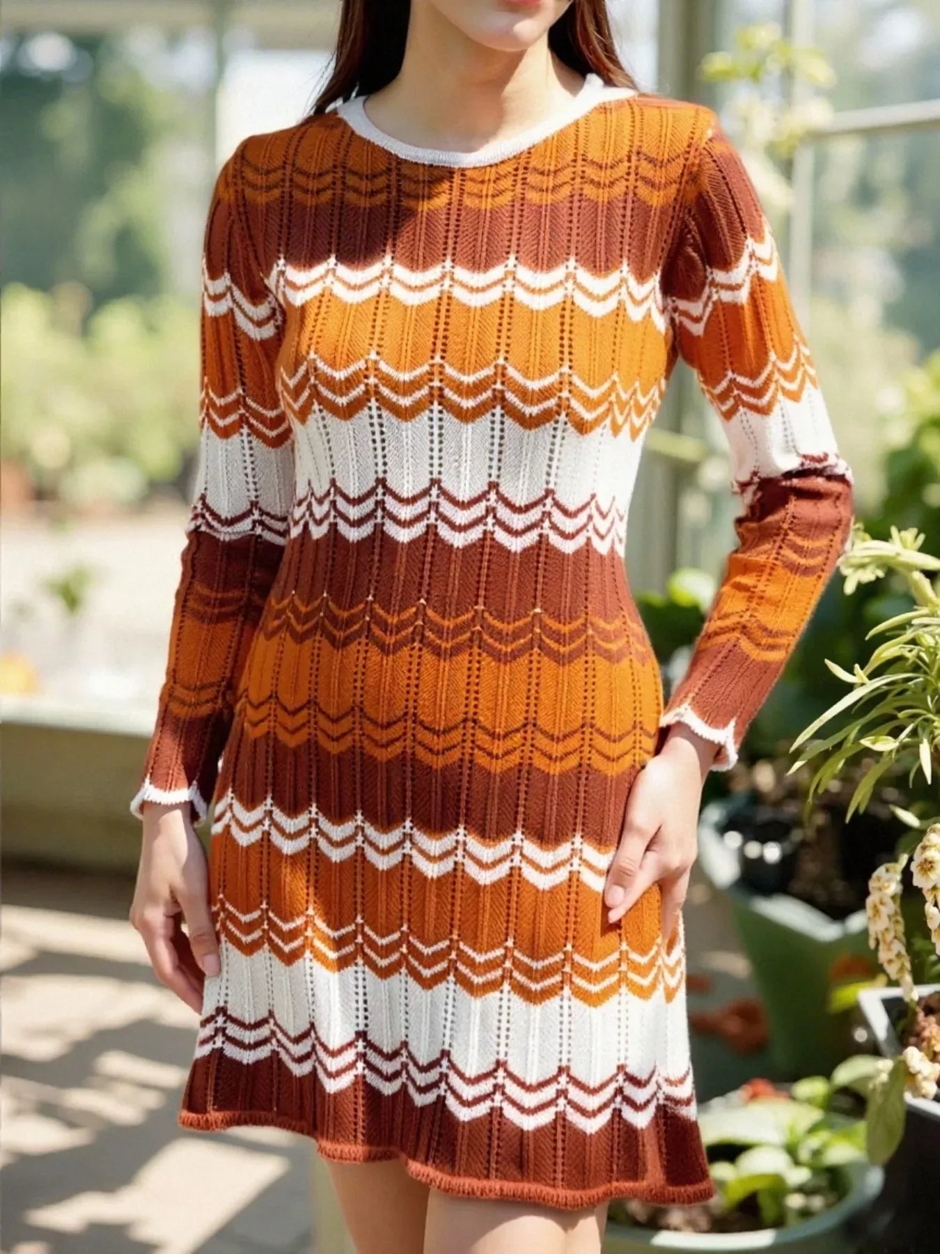 Openwork Wave Pattern Long Sleeve Sweater Dress Orange Trendsi Striped Sweater Dress