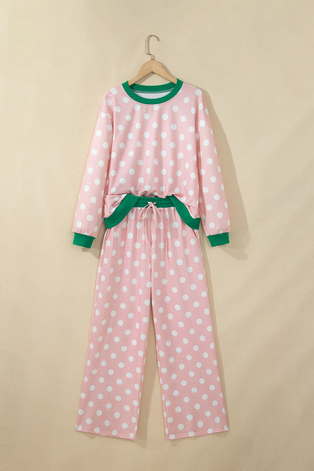 Khaki Polka Dot Contrast Trim Long Sleeve Top Drawstring Shift Pants Set