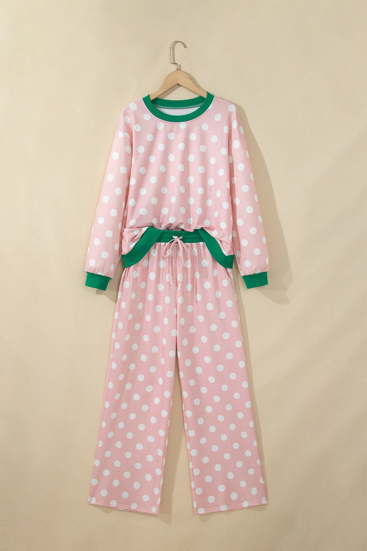 Khaki Polka Dot Contrast Trim Long Sleeve Top Drawstring Shift Pants Set