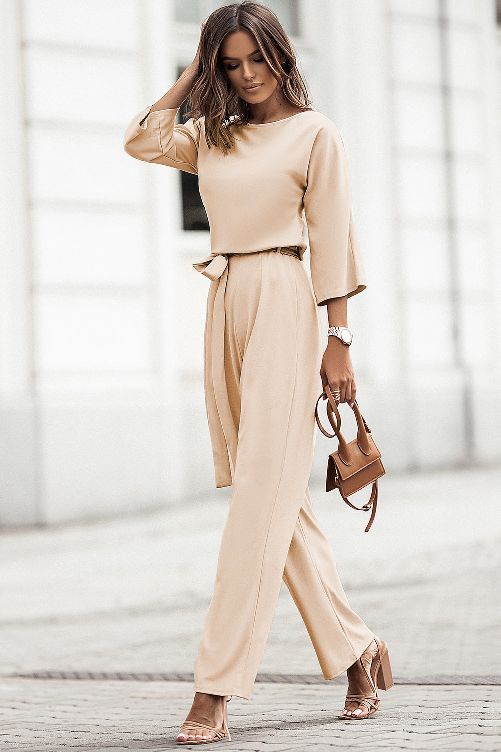 Classy Apricot 3/4 Sleeve Waist Tie Jumpsuit