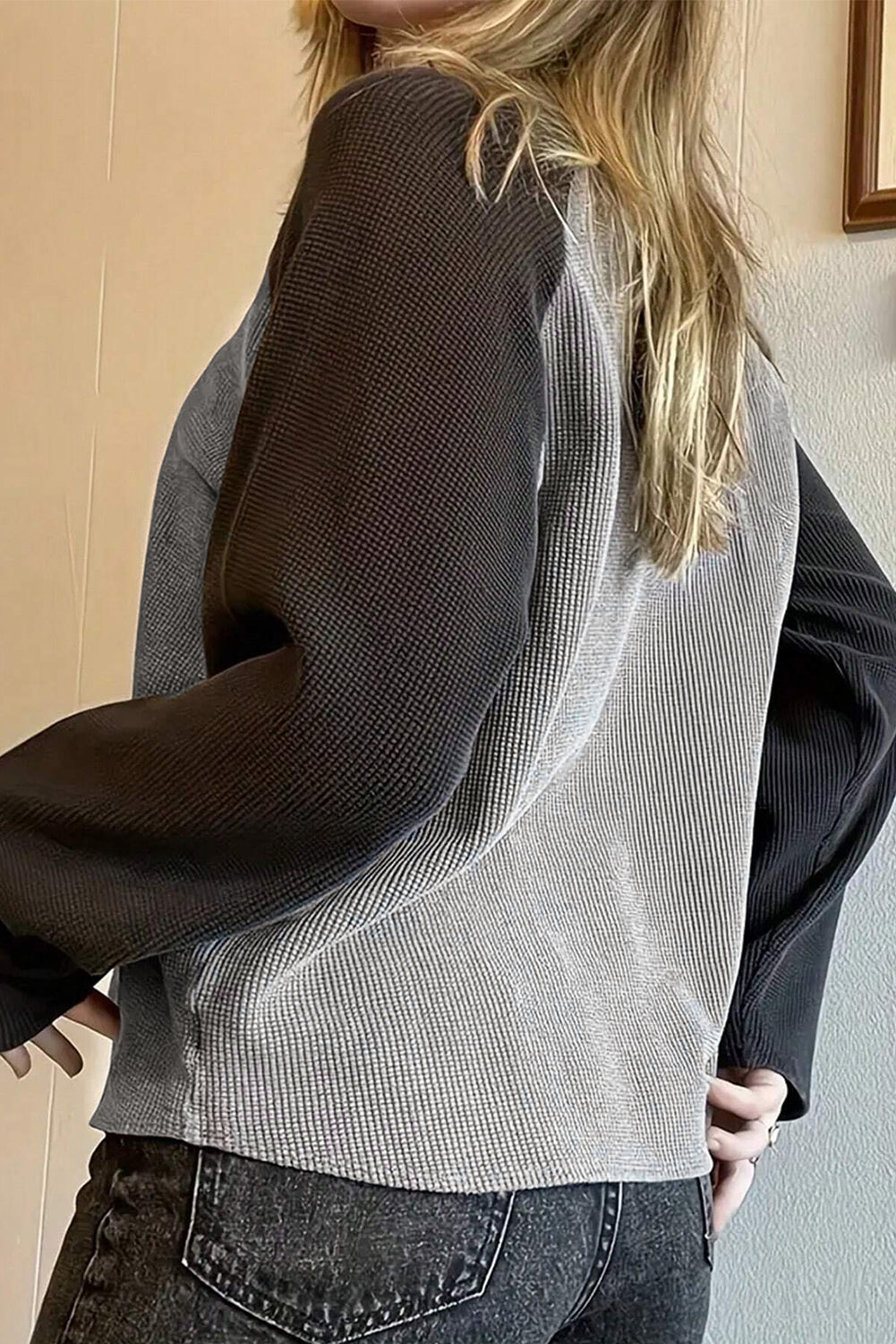 Grey Waffle Knit Colorblock Star Raglan Top