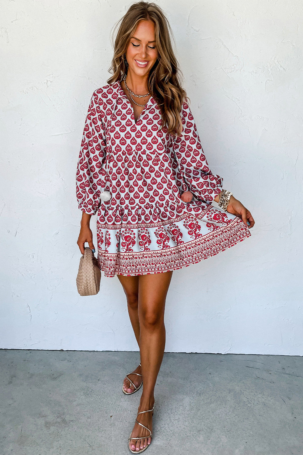 Red Boho Tassel Tie Long Sleeve Mini Dress