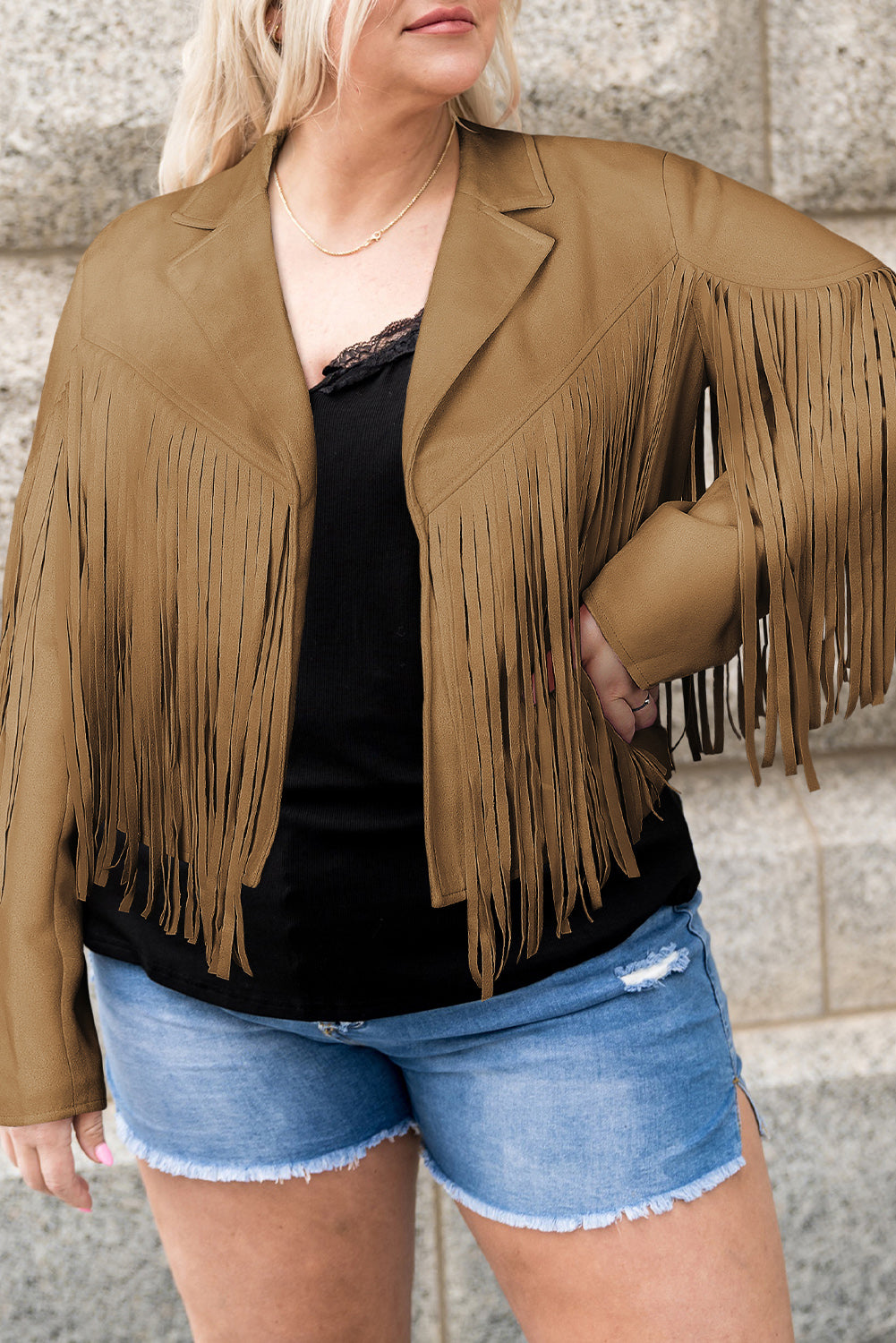 Camel Open Front Fringe Jacket
